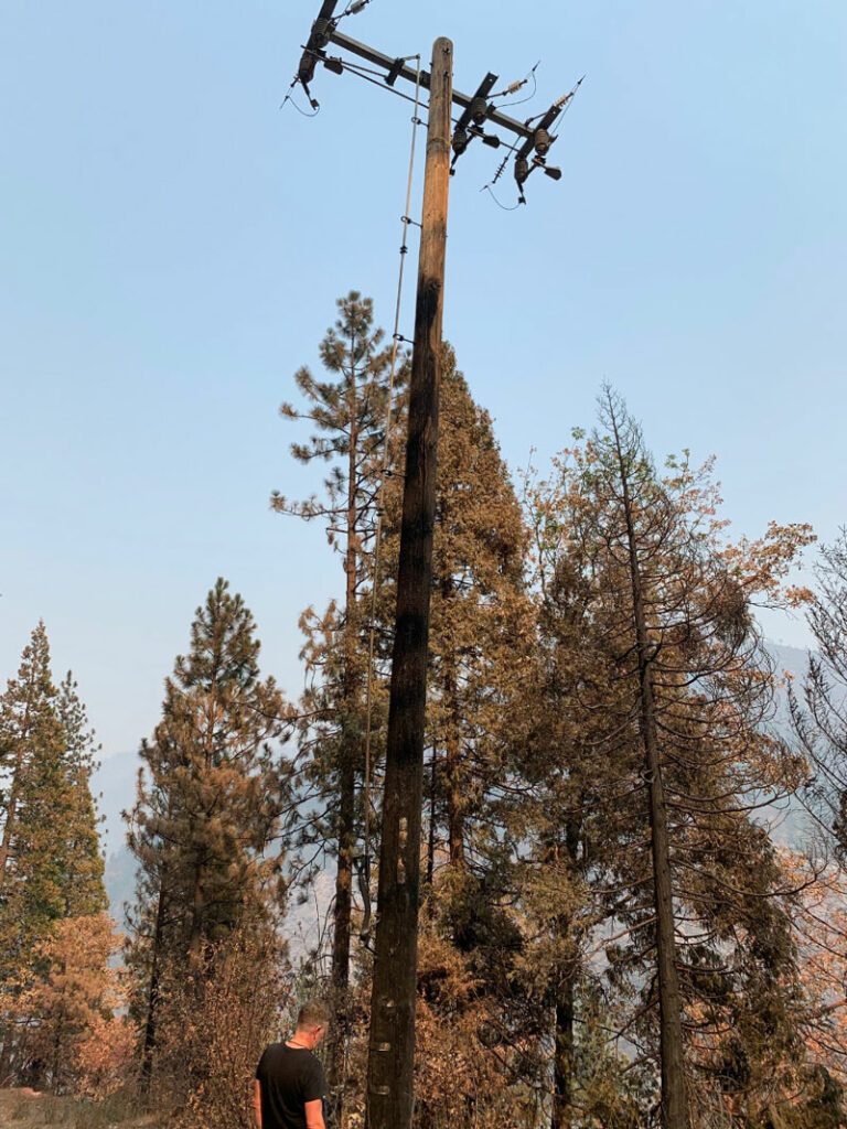 Burned power pole with 3-phase switch