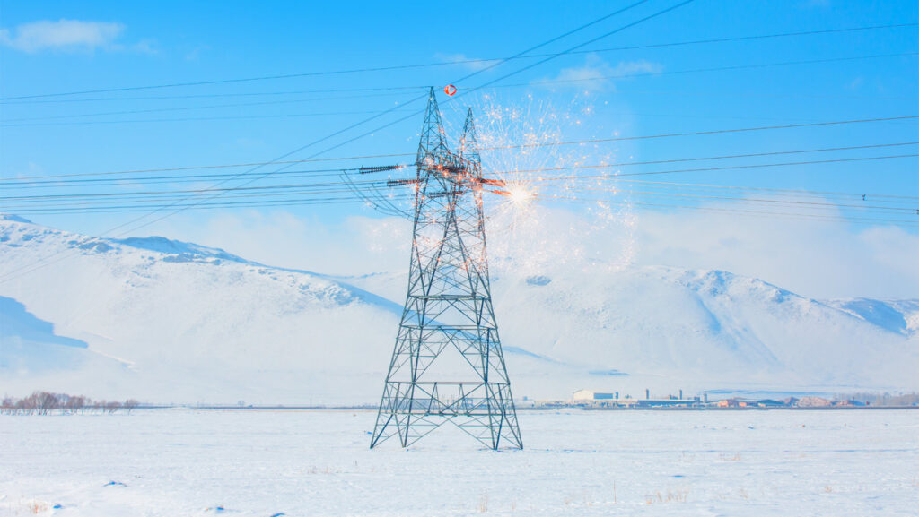 Winter landscape with transmission tower with electrical short circuit